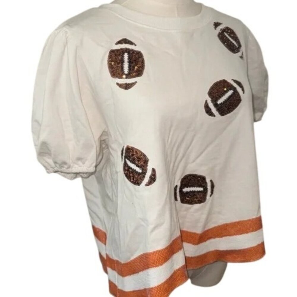 Peach Love California Sequin Embellished Football Top, Cream/Orange/Brown, Med.